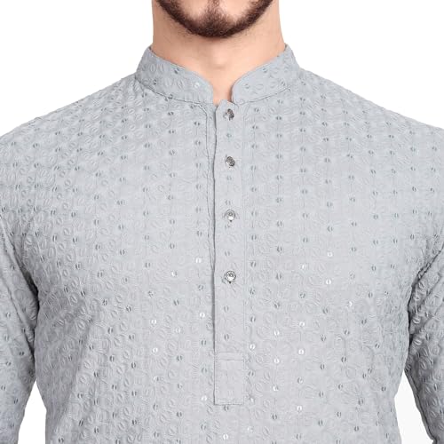 Image of Rayon Ethnic Wear Full Chikankari Sequin Embroidery Mirror Work Traditional Straight Kurta Pyjama Set for Men