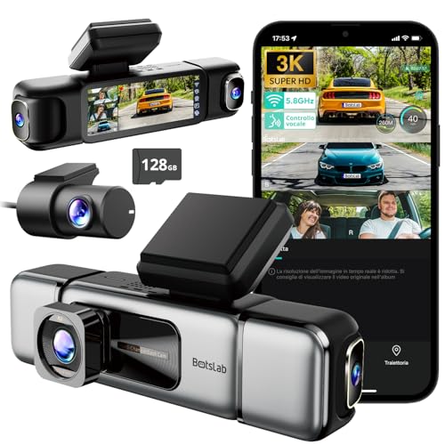 3K 4 Canali Dash Cam Telecamera Anteriore e per Auto 1080px3 Sinistra Destra Interna Dash Cam a 560° per Auto 5.8GHz WiFi GPS Controllo Vocale Scheda SD da 128 GB Inclusa