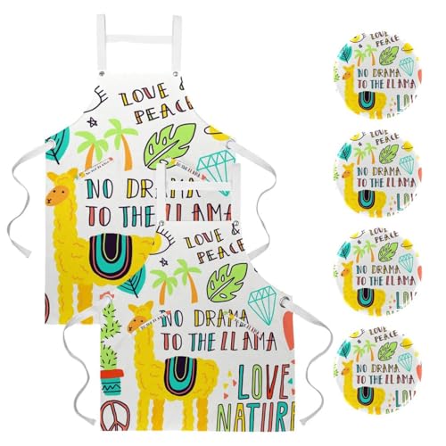 Tablier de cuisine anti-taches lot de 2 imprimé lama pour bistrot