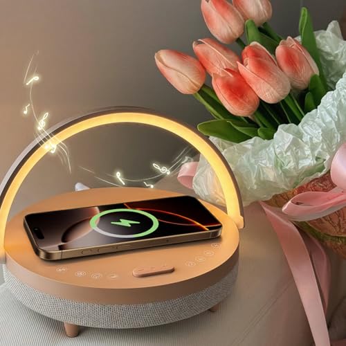 Vivilumens Birthday Gifts for Women 6 in 1 Bedside Lamps with Wireless Charger Bluetooth Speaker White Noise Machine Timer Setting Dimmable Touch Personalized Night Light with Phone Holder(Pink