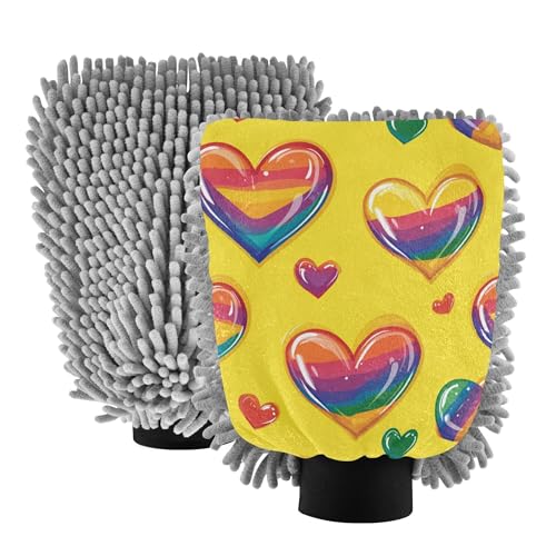 Pride Month Rainbow Hearts Car Washing Mitts Microfiber 11.8'' Washing Mitts Non Scratch Cleaning Mitten for Wash Drying