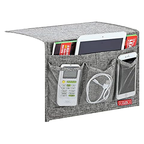 Zafit Linen 4 Pockets Bedside Caddy, Bedside Storage Organizer for Magazine, Remotes, Phone (Classic Grey) Cover