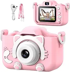 Câmera Digital Infantil Gatinho Recarregável | Bateria recarregável USB | Gravação de Fotos e Vídeos HD | Design Seguro e Resistente | Antichoque | Presente Educativo e Divertido - Rosa