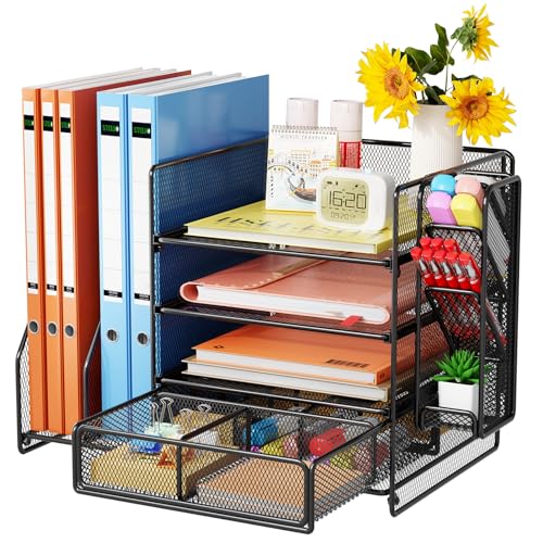 7 code Desk Organizer with File Holder, 5-Tier Letter Paper Tray Organizer with Drawer & Pen Holders, Desk Accessories Organizers and Storage, 2 Magazine Holder for Office Supplies image 3