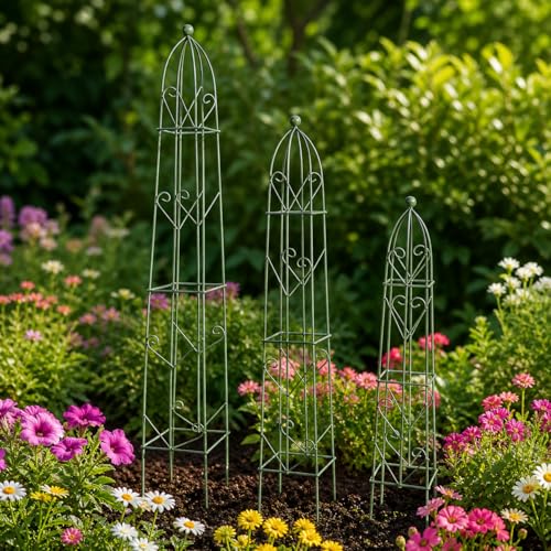 Support vertical pour fleurs en colonne de fer obélisque vert haricot vieilli extérieur - 6