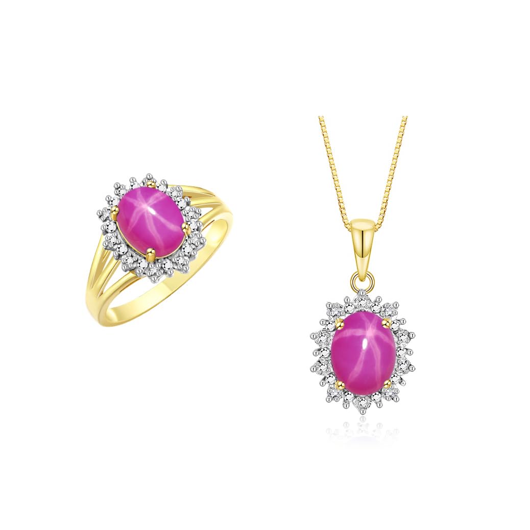 Rylos Women's Yellow Gold Plated Silver Princess Diana Ring &amp; Pendant Set. Gemstone &amp; Diamonds, 9X7MM Birthstone. Matching Friendship Jewelry, Sizes 5-10.