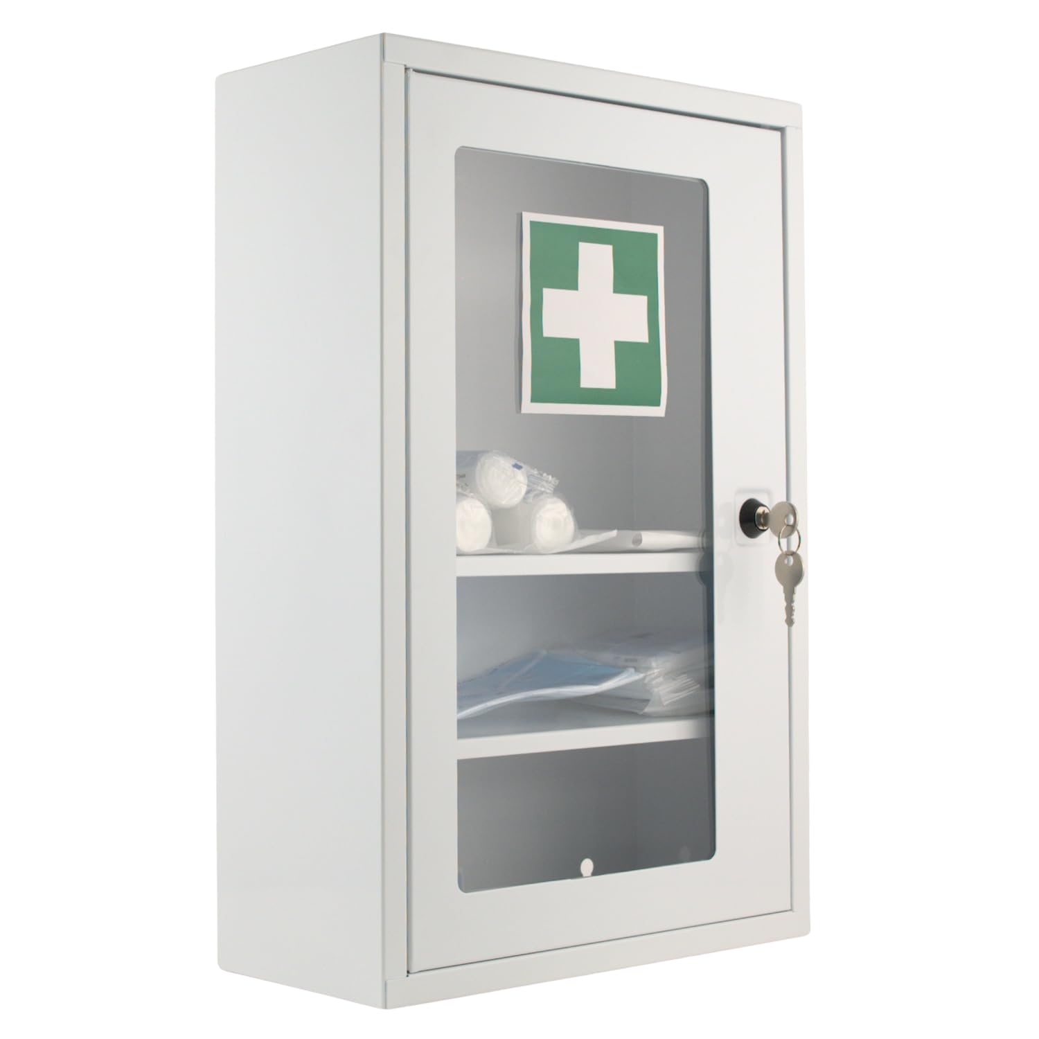 Botiquín de primeros auxilios con ventana y DIN 13157:2021, botiquín con 3 compartimentos, cerradura de seguridad, metal, medidas: 46 x 30 x 14 cm, armario para medicamentos para colgar y espacio para