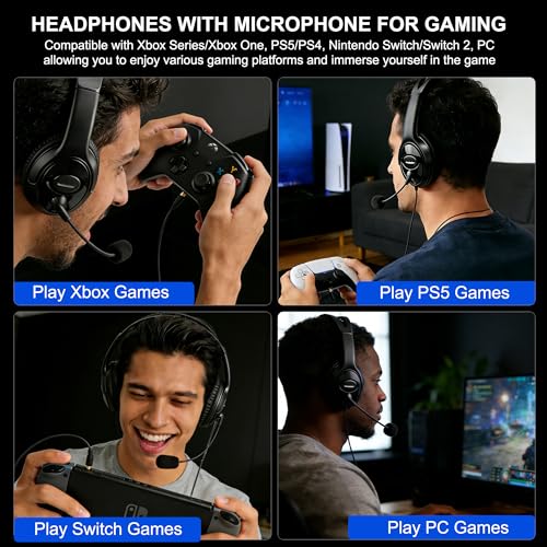 Image of Wired Gaming Headset with Mic for PS5 /PS4 /Xbox /Switch /PC /Laptop /Tablet /Phone, Over-Ear Headphones with USB-A /C & 3.5mm Jacks /360 Rotating Microphone /In-line Control for Home Office Business Work