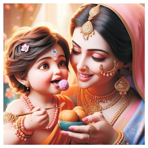 Image of Techgifti Baby Krishna And Yashoda Maa Laddhu Wall Poster for Pooja Room, Office, Kids Room (Size- 46CM X 46CM)