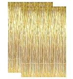 2 pcs Gold Metallic Tinsel Foil Fringe Curtains, Door Backdrop, 3ft x 8ft Decoration for Birthday...