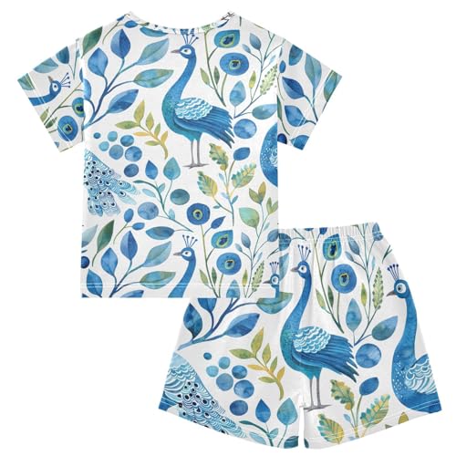 ALAZA Peacock Watercolor Blue Cartoon Pajamas Short Sleeve 2 Piece Sleepwear Top and Bottom Pajama Set Unisex2