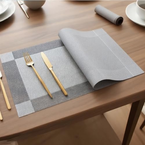 4 Pcs 30x45cm Placemats, Silver Grey Table Mats Set of 4, PVC Christmas Placemats for Diningtable Protection, Washable Gray Table Mats for Home and Restaurant Use - Image 6