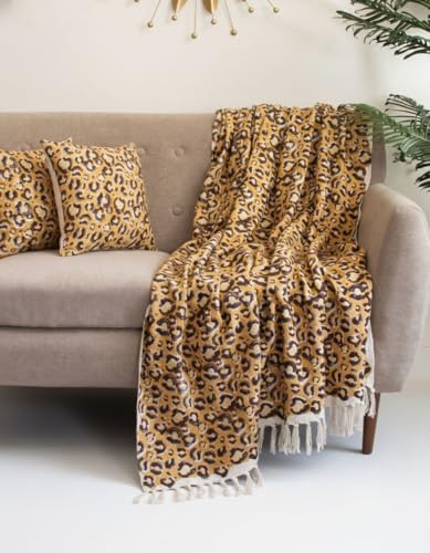 Image of Cotton Sofa Throw Blanket with 2 pcs Cushion Covers Lightweight Decorative Couch & Bed Bagru Print Throws (Pack of 3, Leopard Print)