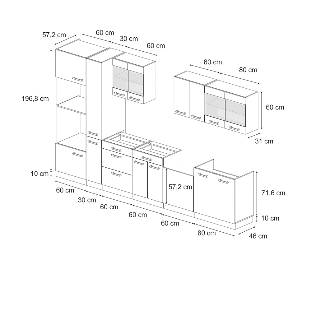 Vicco Cocina R-Line, Roble Azul-Gris-Dorado, 350 cm con Armario Alto, ET Antracita, Apto para ampliación Individual y disposición Flexible