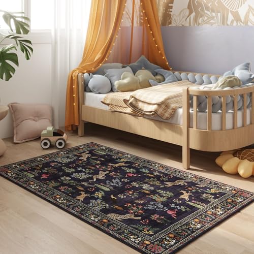 Area Rug 4x6 Rug Washable Boho Rugs Non Slip Low Pile Floral Animal Small Carpet for Bedroom, Bedside, Kids Room, Office, Dining Room (Blue)