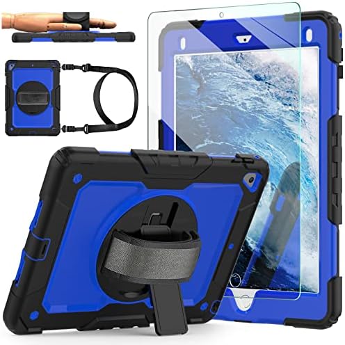 iPad 6th/5th Generation Case with Tempered Glass Screen Protector, iPad 9.7 Case 2018/2017, [360° Rotatable Hand Strap & Kickstand] Ambison Full Body Protective Case with Pencil Holder (Blue & Black)