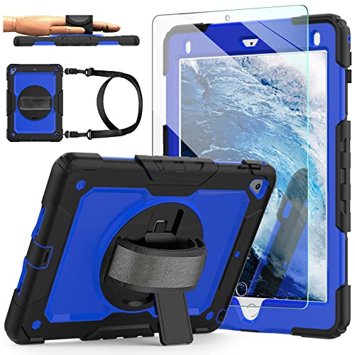 Ipad 6Th/5Th Generation Case With Tempered Glass Screen Protector, Ipad 9.7 Case 2018/2017, [360° Rotatable Hand Strap & Kickstand] Ambison Full Body Protective Case With Pencil Holder (Blue & Black) #TOP7