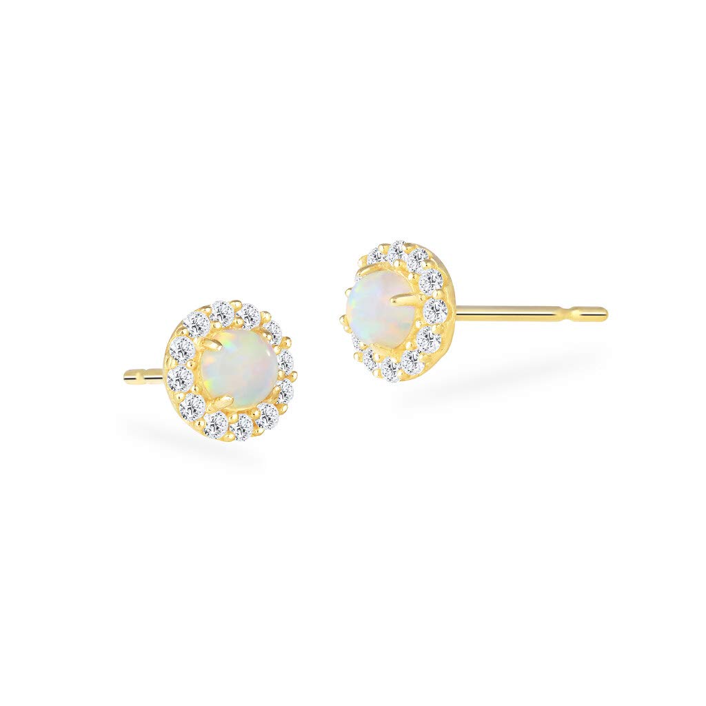 SOLIDGOLD14K Real Gold Created Opal CZ Accent Round Halo Dainty Stud Earrings