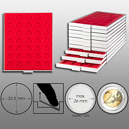 Prophila Coin Box Gray 35 Round compartments for 10/20-€URO-Coins or Coins up to 32,5 mm, red Insert
