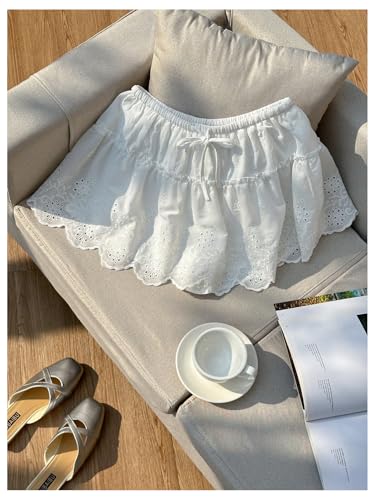 MakeMeChic Women's Eyelet Embroidery Skirt Elastic Waist Ruffle Scallop Summer Mini Skirts3