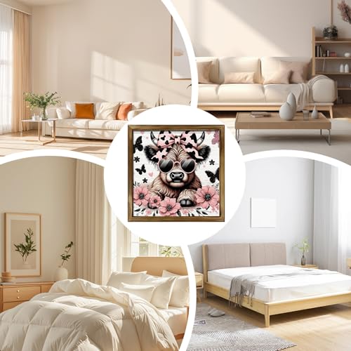 Tableau de vache avec cadre et fleurs rustiques pour salon - 4