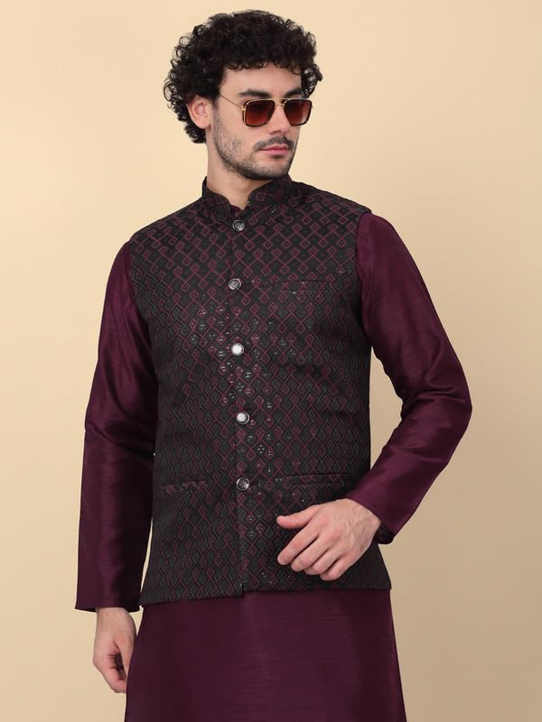 Image of KRAFT INDIA Men's Embroidered Sequins Jacquard Nehru Jacket
