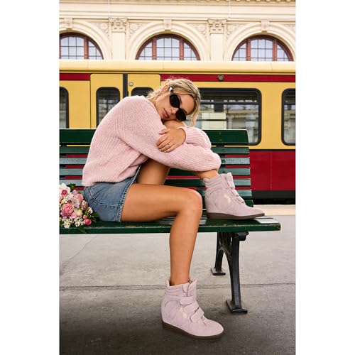 Image of Wedge Sneakers for Women Heels Suede Hook and Loop High Heel Tennis Round Toe Triple Strappy Band Casual Vintage Fashion Dressy Comfy Campus Trendy Retro Sneaker