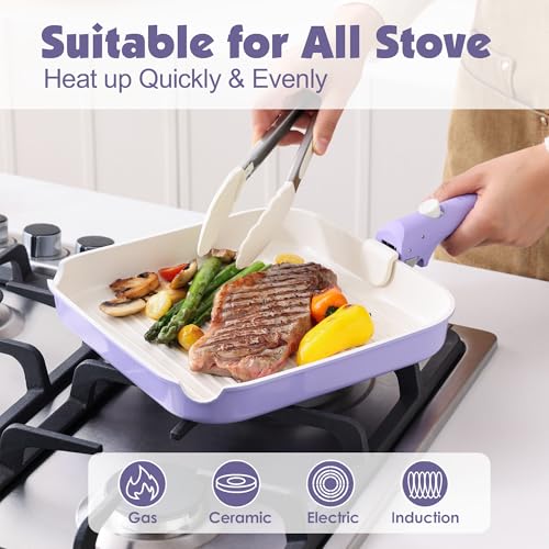 Image of SENSARTE 17 Piece Ceramic Pots and Pans Set, Nonstick Detachable Handle Cookware, Induction Kitchen Cookware Set with Removable Handle, Dishwasher & Oven Safe (Purple)