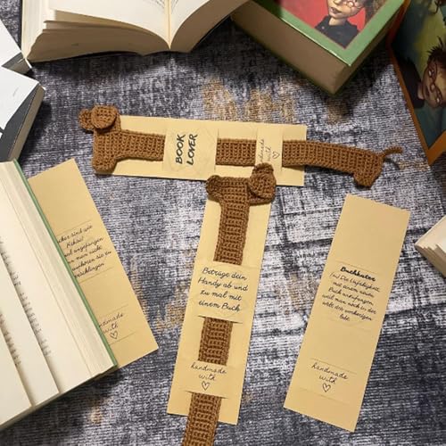 Dackel Lesezeichen, handgefertigt, gehäkelt, einzigartiges braunes Tierbuch / handgemachtes gehäkeltes Hundegeschirr, einzigartiges braunes Tierbuch