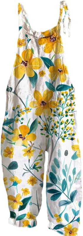MARSVOVO Boho Bib Overalls for Women Casual Loose Floral Print Wide Leg Jumpsuit Plus Size Elegant Rompers for Women Dressy