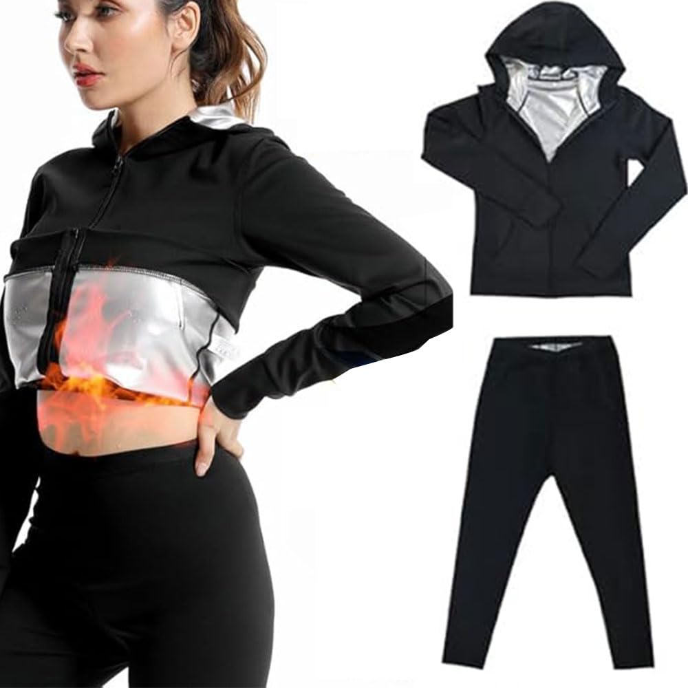 RR-INTL Sauna Suit Women Weight Loss Gym Sweat Suits Workout Jacket Lock Sweating Profusely Pants Workout Fitness Compression Sweat Suits for Women