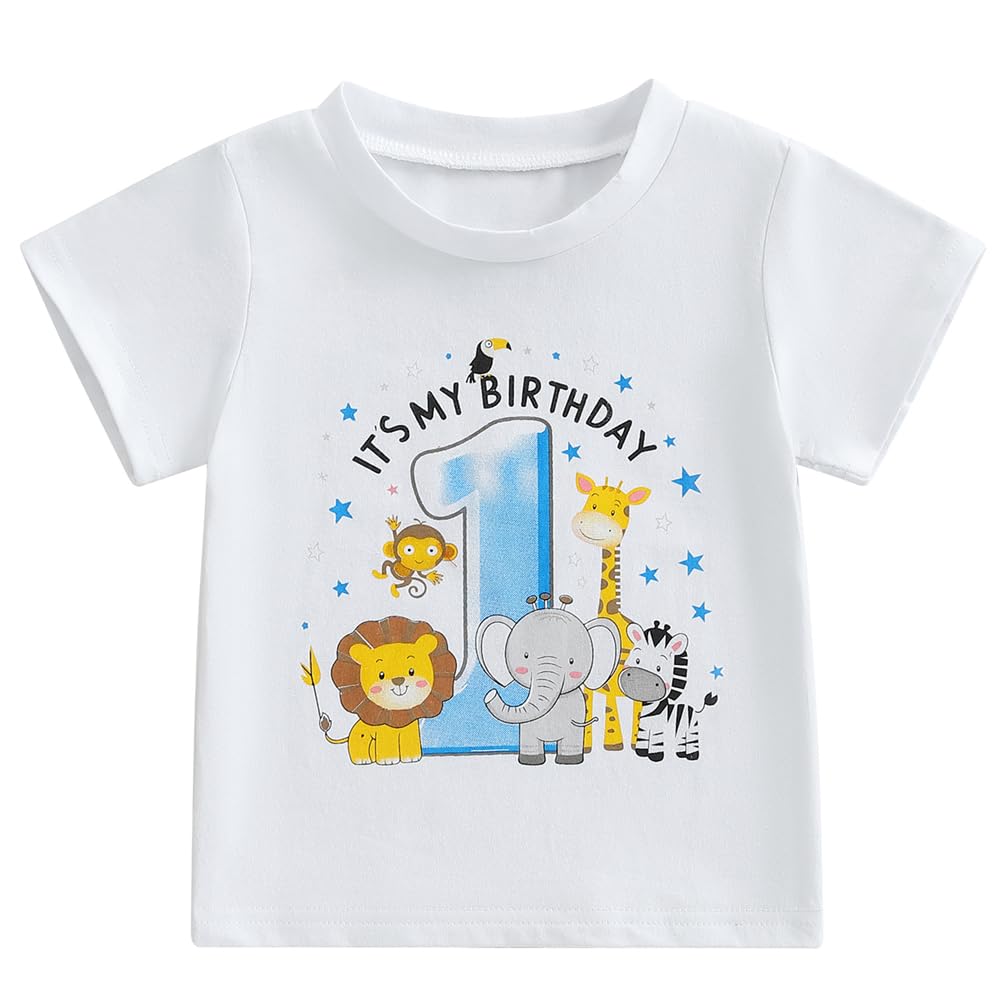 Infant Baby Boys Girls First Birthday Outfit 1st Birthday T-Shirt Wild One Safari Zoo Jungle Animals Shirt (White Blue, 12-18 Months)