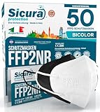 50 FFP2 Masken CE zertifiziert Schwarz und weiß Made in Italy SICURA Logo geprägtes BFE ≥99% SANITIZED and SEALED Italian FFP2 mask. Pluri zertifiziert enthält 25 Schwarz + 25 weiß