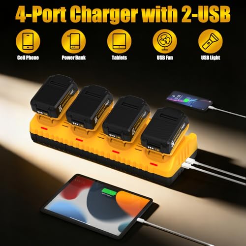 Image of 4 Packs 12000mAh DCB206 Replacement for Dewalt 20V Battery and DCB104 Charger Compatible with Dewalt 20V Max Battery Lithium DCB203 DCB207 DCB200 DCD DCF DCG Series Cordless Power Tools
