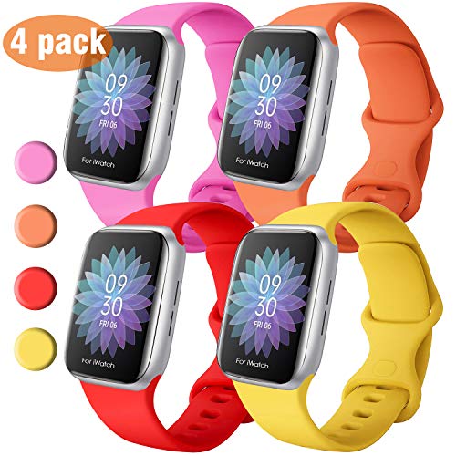 QIENGO 4 Pack Sport Bands Compatible with Apple Watch Band 38mm 40mm, Soft Silicone Replacement Band Compatible with iWatch Series 5/4/3/2/1, S/M,Hot Pink/Red/Yellow/Apricot