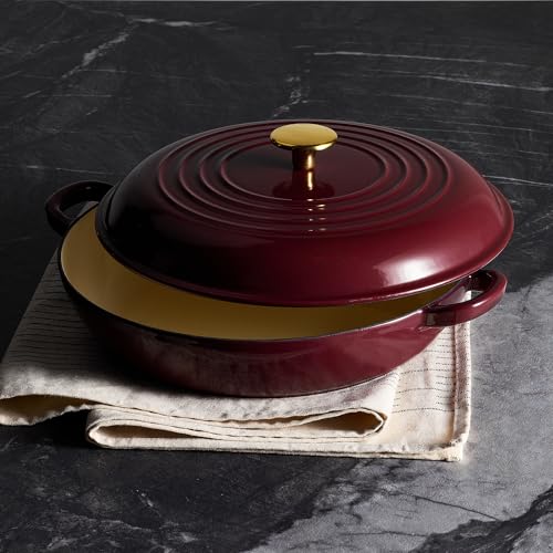 Image of CAROTE 3.4QT Enameled Cast Iron Braiser Pan, Shallow Dutch Oven Casserole Skillets, Non-Toxic Cast Iron Pot with Lid for Grilling, Searing, Baking, Dual Handles, All Stovetop Compatible, Fig
