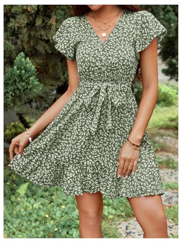 Floerns Women's Floral Cap Sleeve Boho Dress V Neck Ruffle Hem Belt Vacation A Line Dresses4