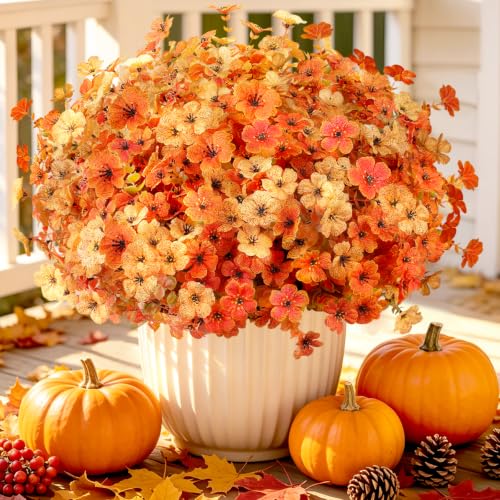 Image of AmyHomie 16 PCS Artificial Fall Flowers for Outdoors, Orange Fake Mums