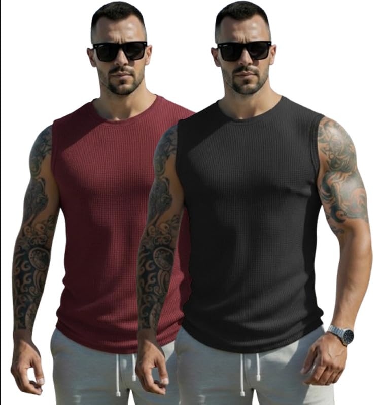 Men's Polycotton Waffle Tank Tops Sleeveless Round Neck T-Shirt for Gym, Running and Outdoor Combo Pack of 2-picture-17