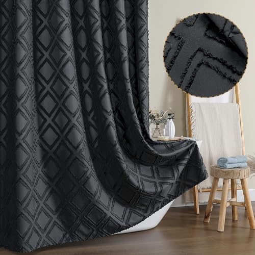 OWENIE Black Shower Curtain Set, Jacquard Geometric Textured Fabr...