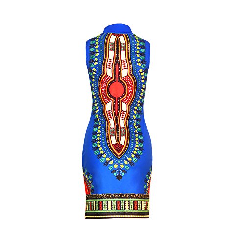 SheKiss Women Traditional African Print Dashiki Bodycon Sleeveless High Collar Dress Blue