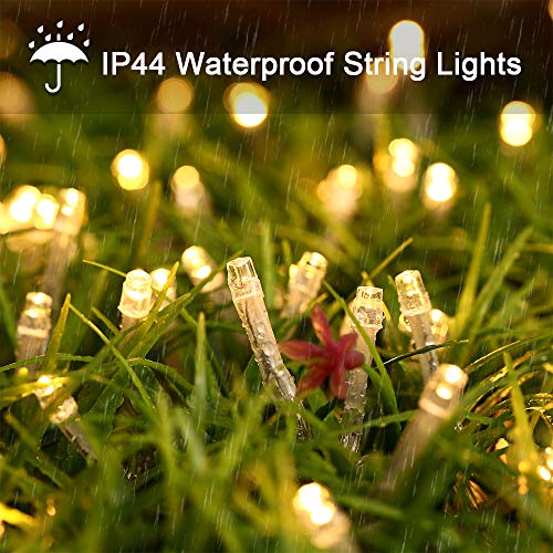 Qedertek Luci Natalizie a Batteria da Esterno, Catena Luminosa 10M 100 LED, Cavo Trasparente, Funzione di Timer con telecomando, Luci Stringa per Albero di Natale, Luci Bianco Caldo Addobbi Natale