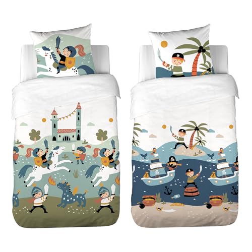 CÔTE DECO Parure de Lit Enfant Réversible Pirate et Chevalier – Housse de Couette 140x200 cm + 1 Taie d'oreiller 63x63 cm – Microfibre – 2 Pièces