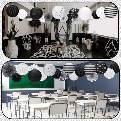 Image of Retisee 18 Pcs Black and White Party Classroom Decoration Hanging Black White Paper Lanterns Paper Fans Honeycomb Balls Polka Dots Stripe Lanterns Decorative for School Classroom Decoration Supplies