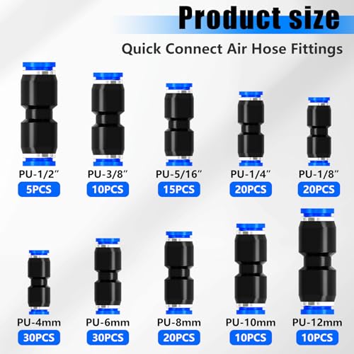 Image of mxuteuk 170PCS Quick Connect Air Hose Fittings,1 /8 1 /4 5 /16 3 /8 1 /2 inch & 4 /6 /8 /10 /12mm Straight Push to Connect Fittings,Quick Release Pneumatic Air Line Fitting