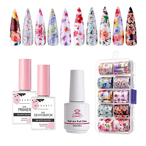 Makartt Nail Primer Natural Nail Dehydrat Or Primer Bundle Gel Nail Brush, Poly Extension Gel Brush, Nail Art Tips Builder Brush Nail Foil Nail Art Foil Glue Gel With Natural Flower Foil Stickers Set #TOP9