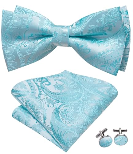 Image of Hi-Tie Bow Tie Men Pre Tied Bowtie Pocket Square Cufflinks Lapel Pin Formal Wedding Bow Ties for Men Party Tuxedo Bowtie Set,Light Blue Paisley Floral