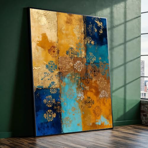 Tableau abstrait patchwork bohème pour salon rustique chaleureux