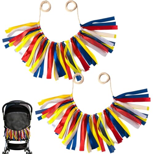 2Sets Stroller Decorative Fabric Banner for Walking Colorful Stroller Banner Make The Stroller Visible High-Visibility Identification Tag for Easy Spotting in Crowds at Theme Parks Zoos Fairs