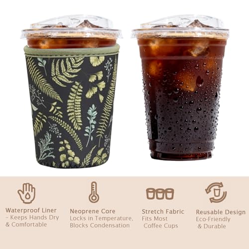 Image of Reusable Insulated Sleeve for Iced Coffee Cup, 3-Pack Coffee Neoprene Drink Sleeve for Cold & Hot Drinks, Beverage Holder for Iced Coffee (Earthy Ferns)